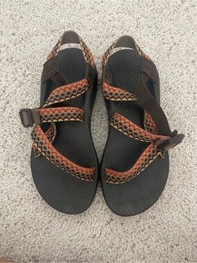 Chaco Women's Black Sandals with Brown and Orange Patterned Straps